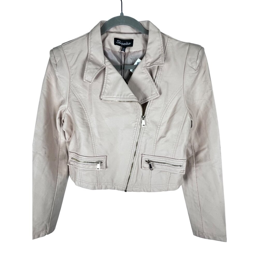 Shinestar Cropped Moto Jacket Faux Leather Beige Blush Zip Shoulder Pads L Y2K - Picture 10 of 16